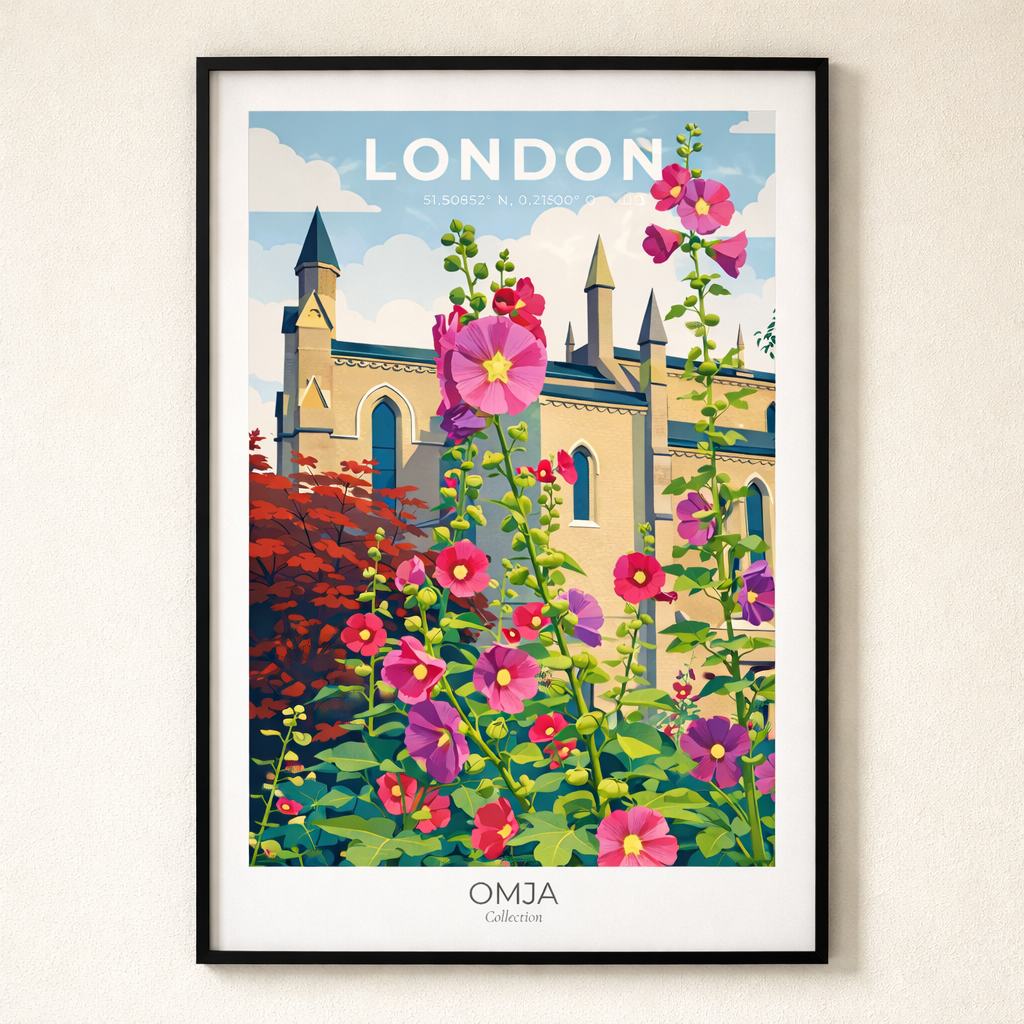 Affiche Londres fleurie – Poster London jardin anglais & architecture gothique, déco murale romantique chic, souvenir de voyage