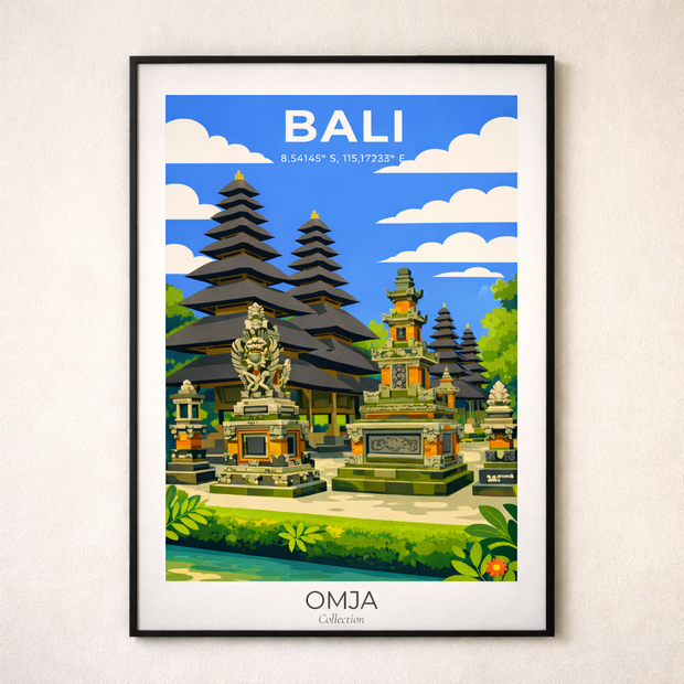 Affiche Bali – Temple Balinais & Évasion Tropicale | Poster Voyage Indonésie | Déco Murale Bohème Chic