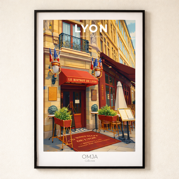 Affiche Lyon France | Poster voyage bistro & charme français | Déco élégante vintage | Art mural city trip | Cadeau Lyonnais