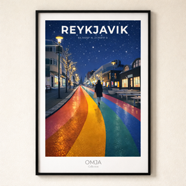 Affiche Reykjavik Arc-en-Ciel – Rue Colorée de Nuit en Islande | Poster Voyage Scandinave Moderne