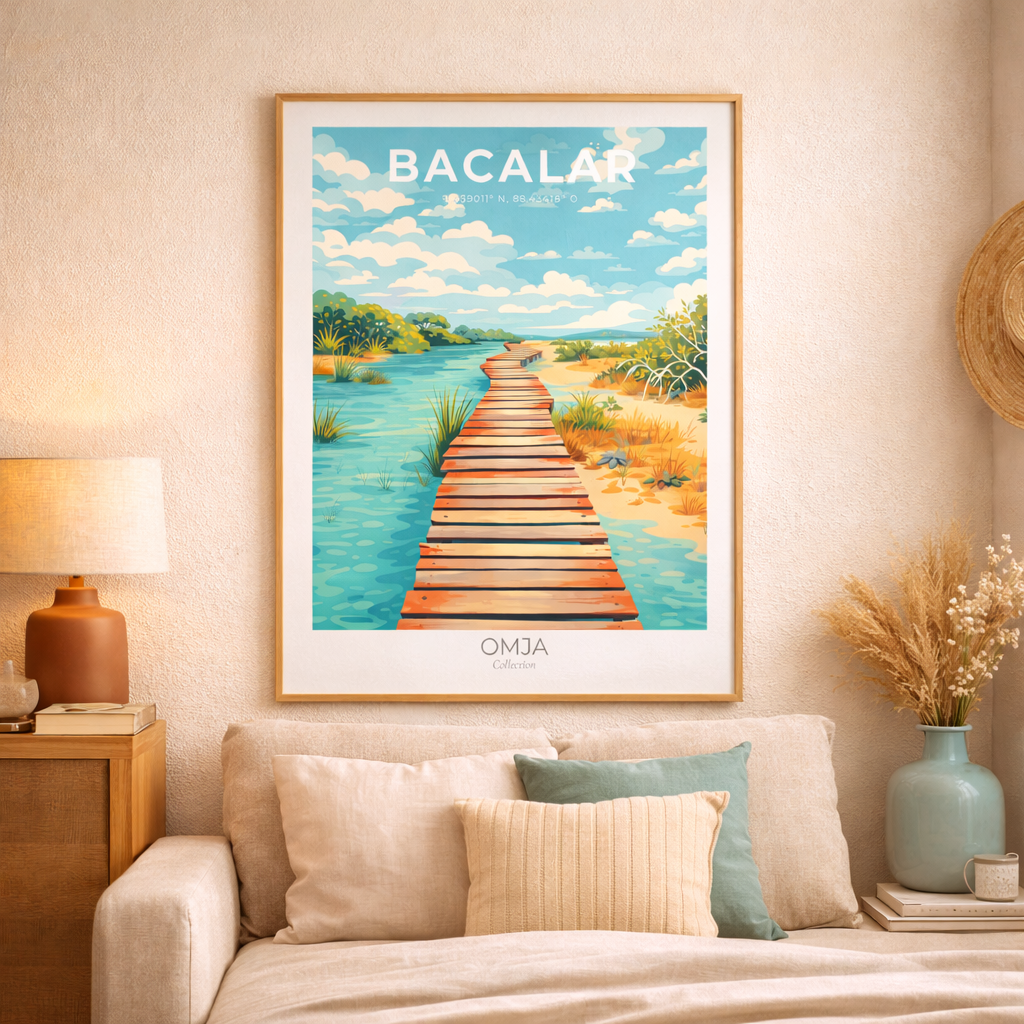 Affiche Bacalar Mexique | Poster lagune turquoise “7 couleurs” | Déco tropicale chic | Art mural voyage | Cadeau plage