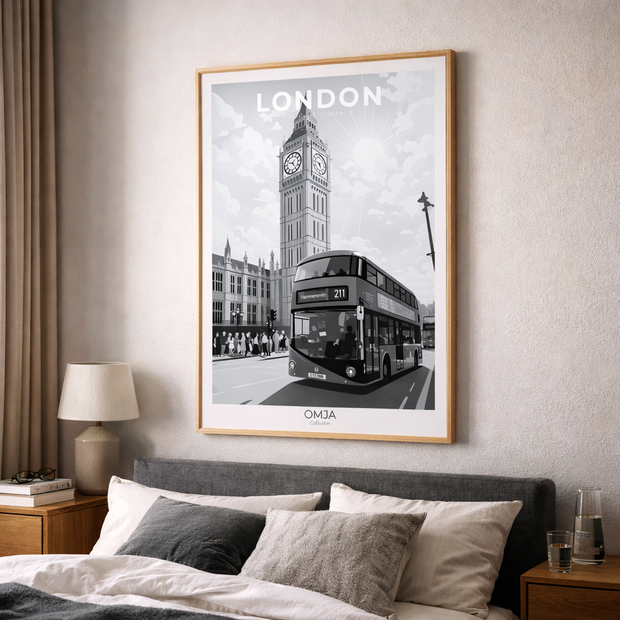 Affiche Londres vintage – Poster London Big Ben & bus iconique, déco murale chic, souvenir de voyage authentique