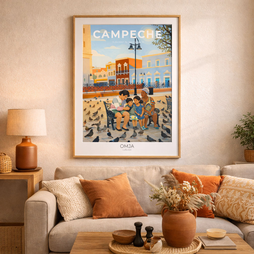 Affiche Campeche Mexique | Poster voyage coloré Yucatán | Déco bohème solaire | Cadeau souvenir authentique