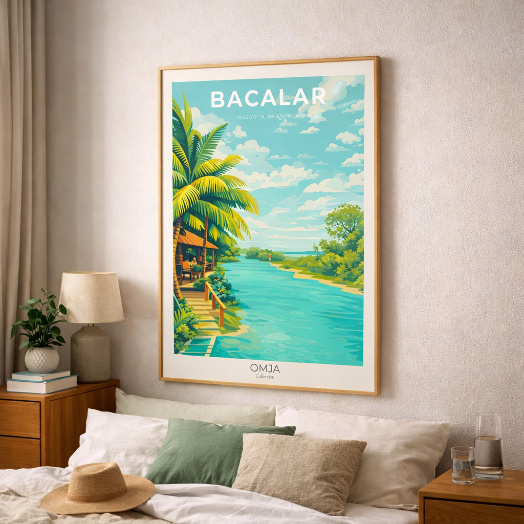 Affiche Bacalar Mexique – Poster lagune turquoise, déco murale tropicale chic, souvenir de voyage authentique