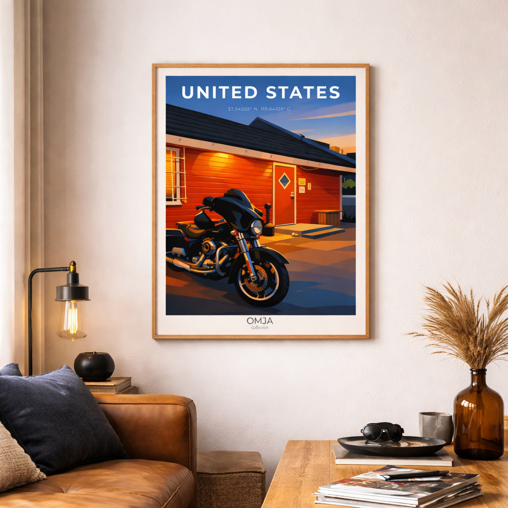 Affiche voyage Yosemite, Californie – Poster United States sunset road trip moto, déco murale vintage moderne