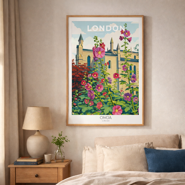 Affiche Londres fleurie – Poster London jardin anglais & architecture gothique, déco murale romantique chic, souvenir de voyage