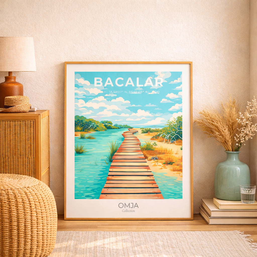 Affiche Bacalar Mexique | Poster lagune turquoise “7 couleurs” | Déco tropicale chic | Art mural voyage | Cadeau plage