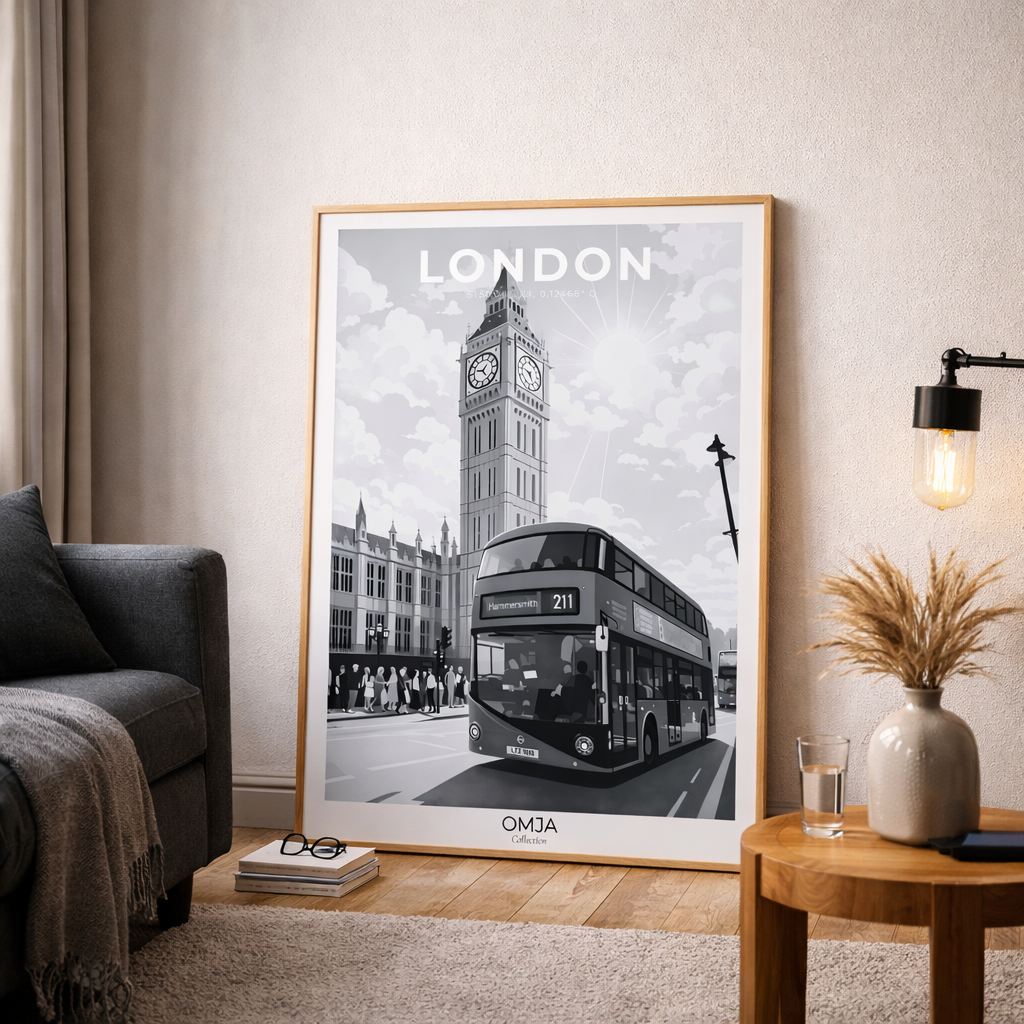 Affiche Londres vintage – Poster London Big Ben & bus iconique, déco murale chic, souvenir de voyage authentique