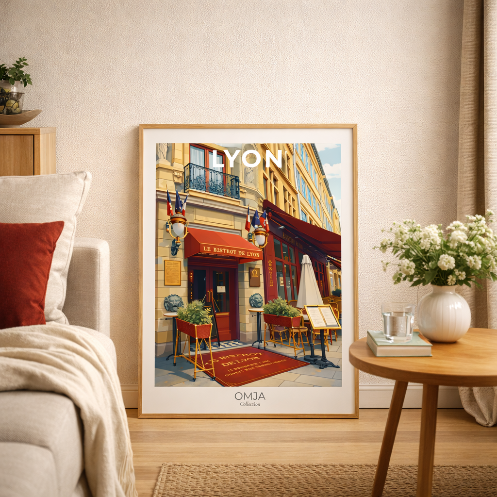 Affiche Lyon France | Poster voyage bistro & charme français | Déco élégante vintage | Art mural city trip | Cadeau Lyonnais