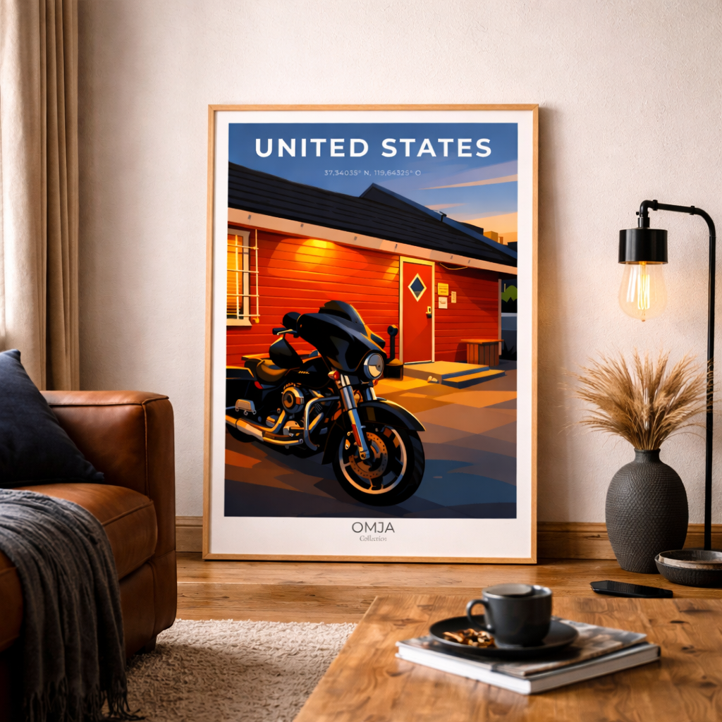 Affiche voyage Yosemite, Californie – Poster United States sunset road trip moto, déco murale vintage moderne