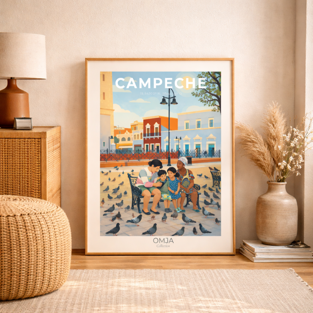 Affiche Campeche Mexique | Poster voyage coloré Yucatán | Déco bohème solaire | Cadeau souvenir authentique