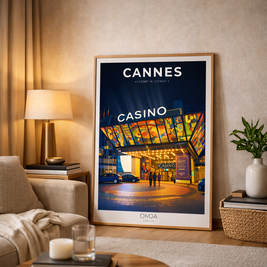 Cannes France poster – Casino & Riviera at night, chic French Riviera poster, elegant decor, original travel photo