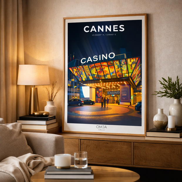 Cannes France poster – Casino & Riviera at night, chic French Riviera poster, elegant decor, original travel photo