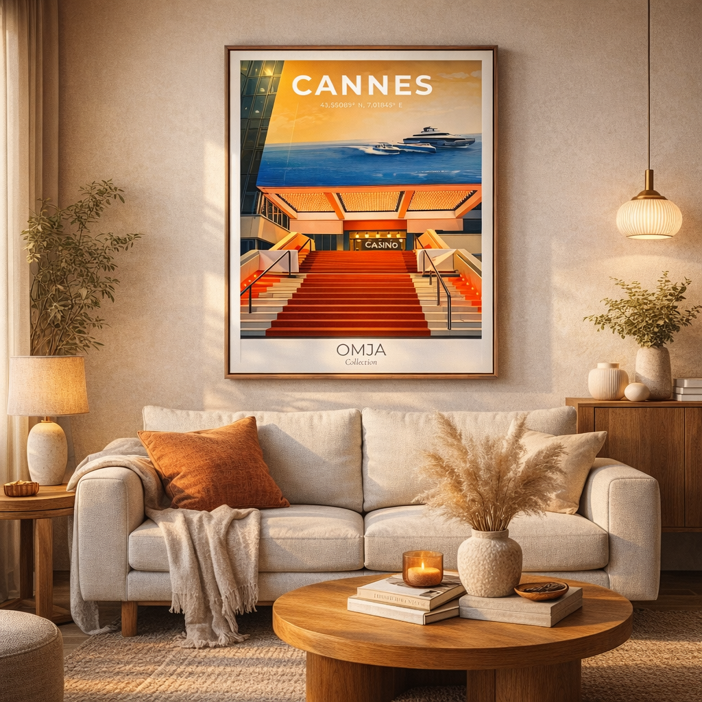 Affiche Cannes – Poster Côte d’Azur, ambiance Festival, déco chic méditerranéenne, cadeau voyage