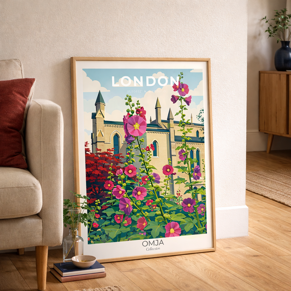 Affiche Londres fleurie – Poster London jardin anglais & architecture gothique, déco murale romantique chic, souvenir de voyage