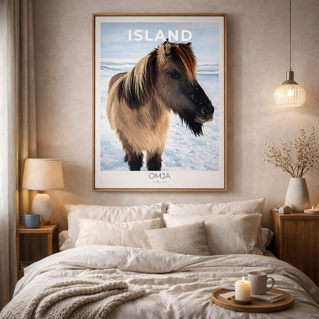 Affiche Islande – Cheval islandais, poster voyage nordique, déco scandinave, cadeau nature