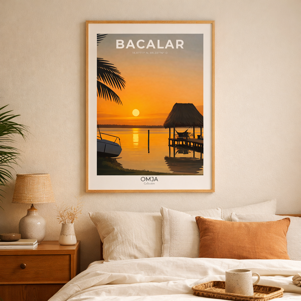 Affiche Bacalar – Mexique | Poster coucher de soleil lagune | Déco murale tropicale chic, ambiance bohème & apaisante