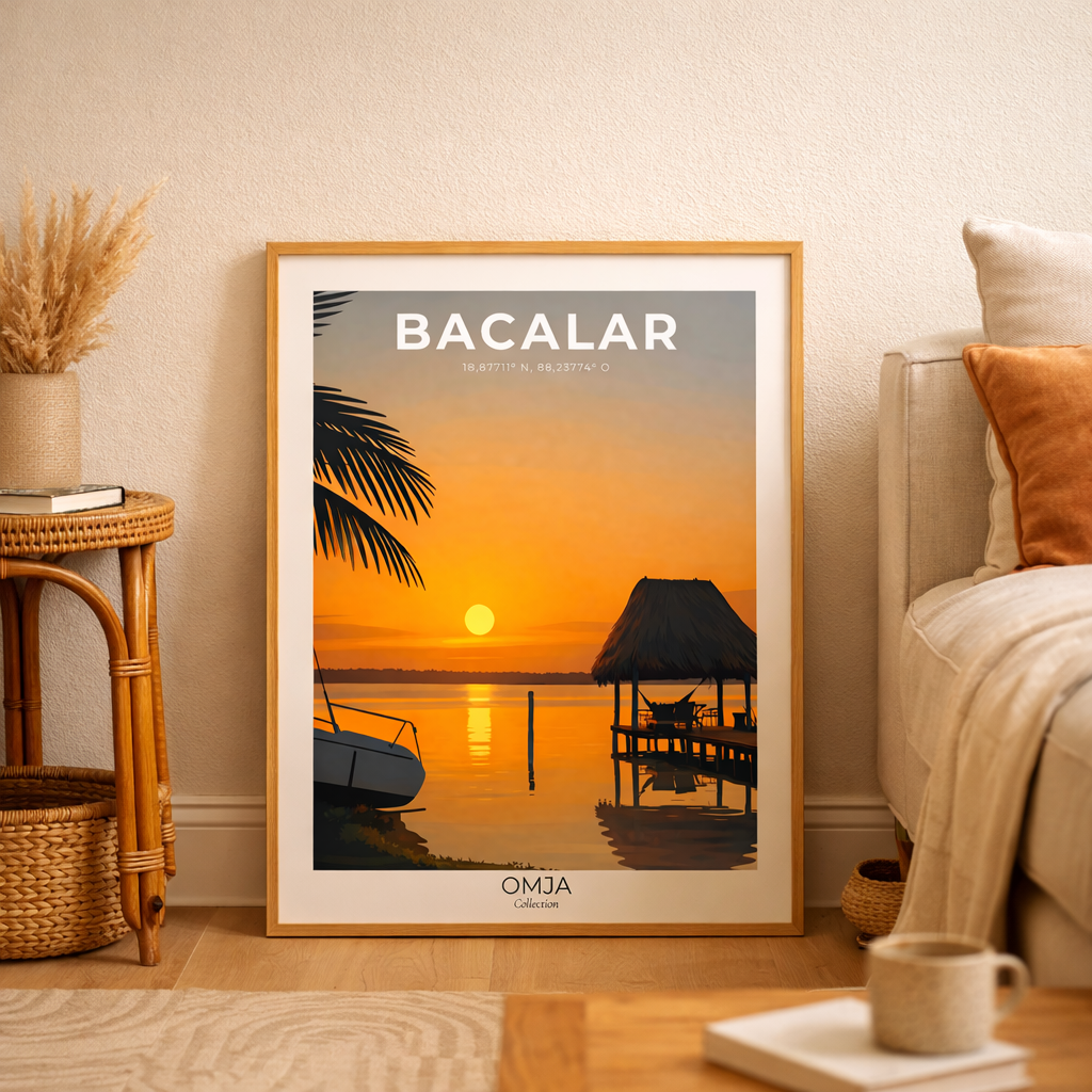 Affiche Bacalar – Mexique | Poster coucher de soleil lagune | Déco murale tropicale chic, ambiance bohème & apaisante