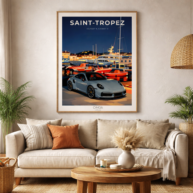 Saint-Tropez French Riviera Poster – Mediterranean Travel Poster, Chic Riviera Decor, Sports Car