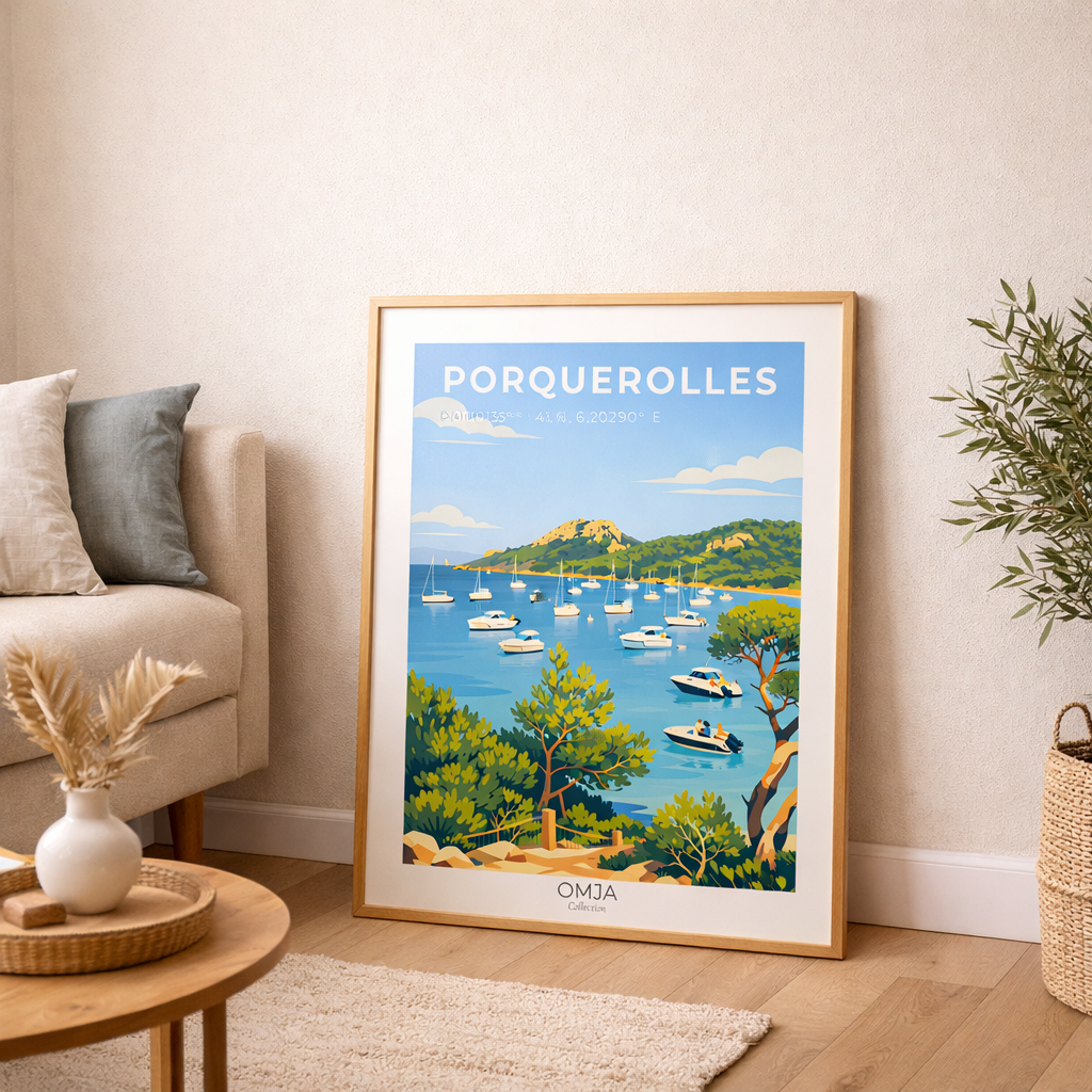 Affiche Porquerolles – Côte d’Azur | Poster de voyage Méditerranée | Déco murale bord de mer élégante